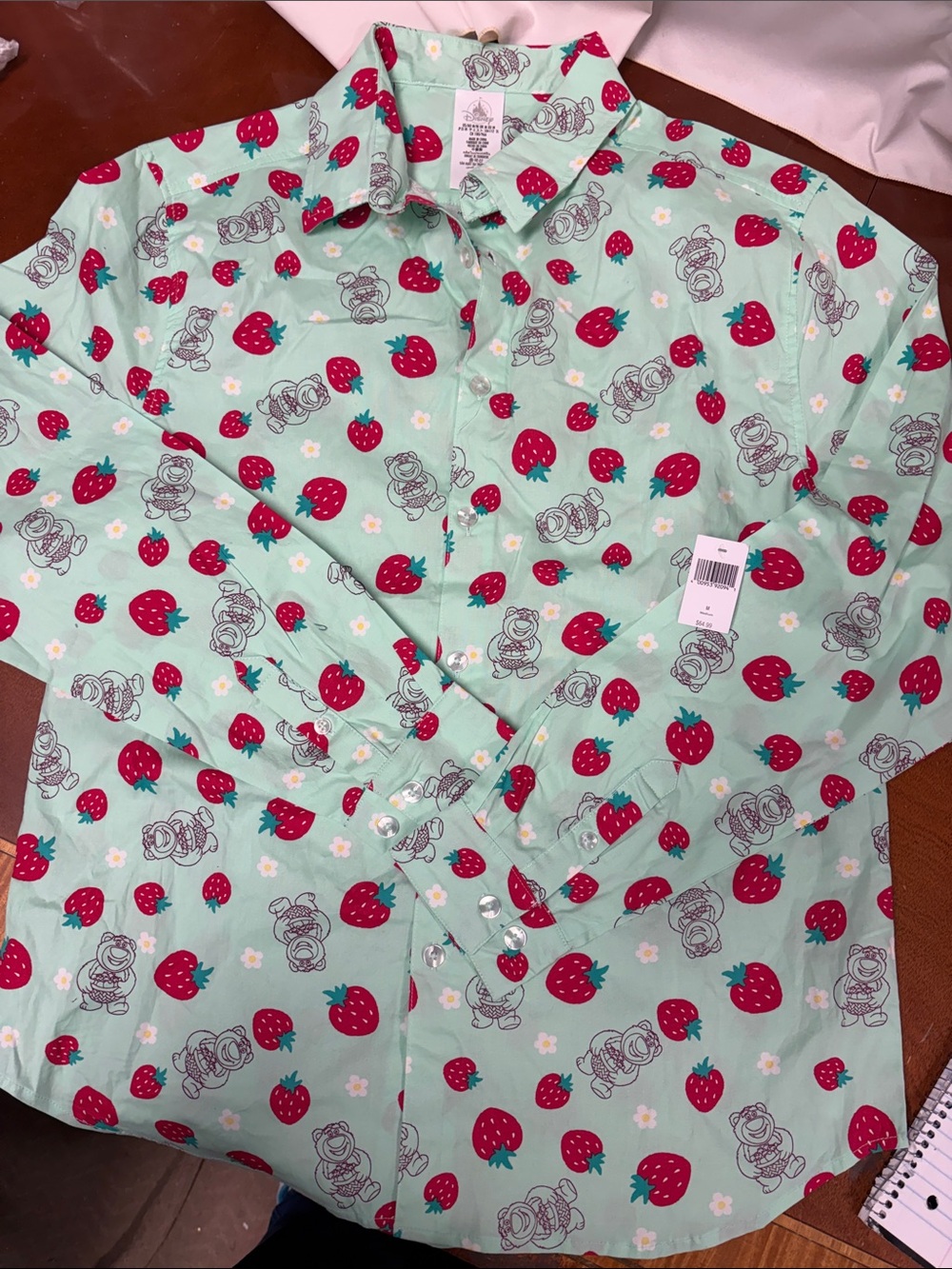 Disney Pixar Toy Story Lotso Mint Green Button-Up Shirt w/Red Strawberry print